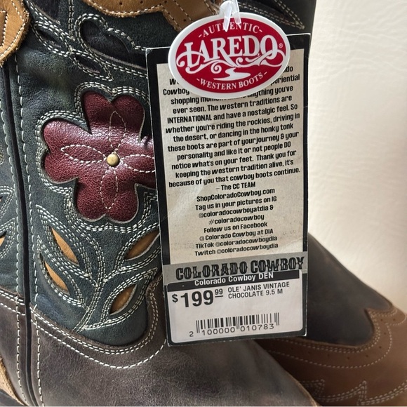 Laredo Women's Western pull-on Boots Janis Size 9.5M Brown/tan with inlay NEW - Picture 4 of 6